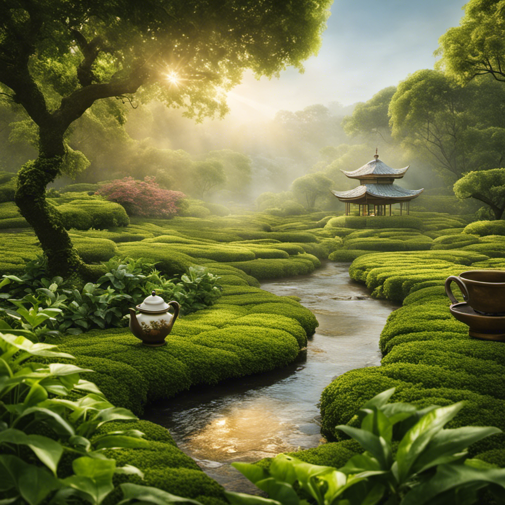 An image showcasing a serene tea garden, with sunlight filtering through lush green leaves, as a novice tea enthusiast delicately holds a porcelain teacup, captivated by the aromatic steam rising from a cup of carefully brewed tea