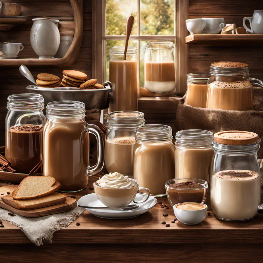 An image showcasing a cozy kitchen scene with a mason jar filled with homemade coffee creamer, surrounded by freshly brewed coffee cups, a whisk, vanilla beans, and a splash of creamy goodness being poured into a cup