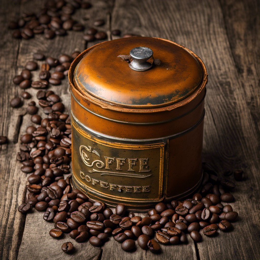 An image featuring a close-up of a weathered, vintage coffee tin with rusted edges, sitting atop a cracked wooden table
