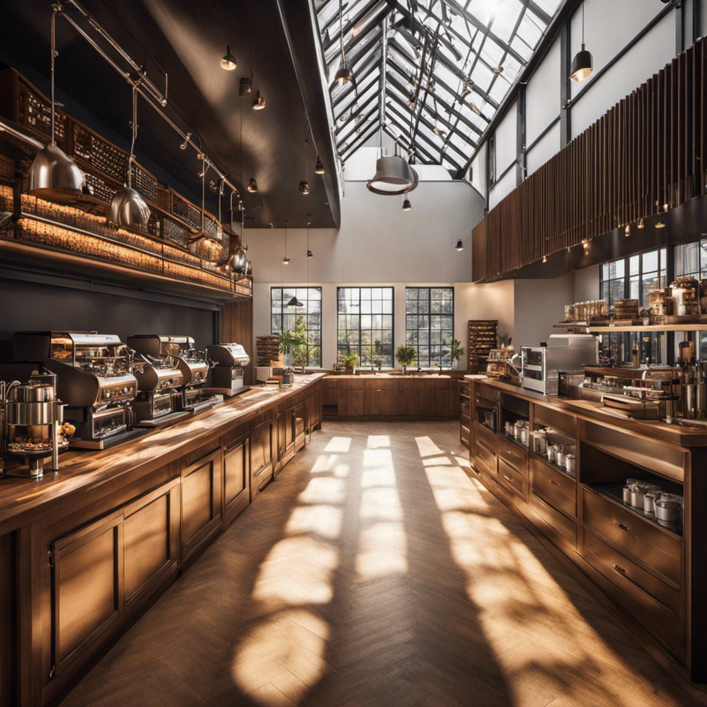 An image showcasing a bustling coffee roastery, with skilled baristas meticulously roasting beans in gleaming machines