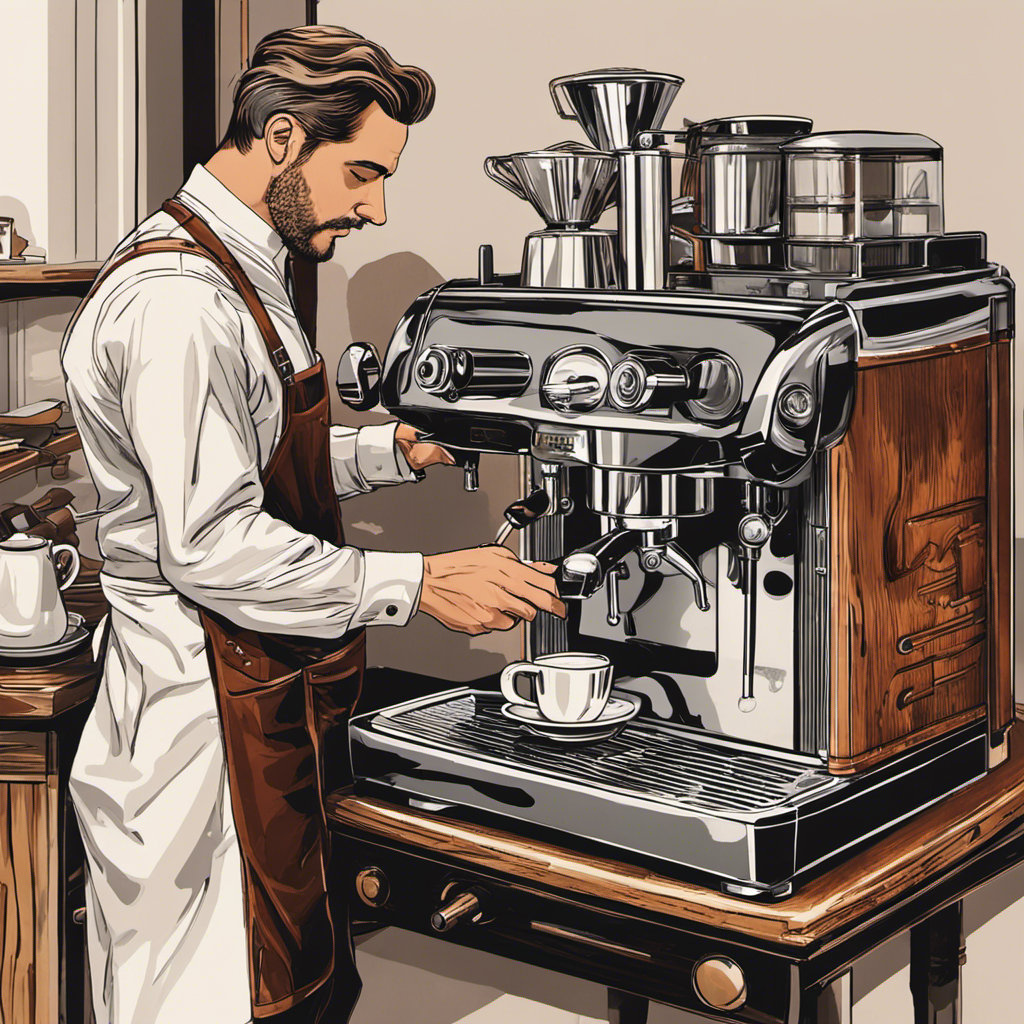 An image showcasing a German barista meticulously pouring a smooth, velvety stream of coffee from a perfectly calibrated espresso machine, surrounded by a backdrop of rustic yet modern coffee equipment