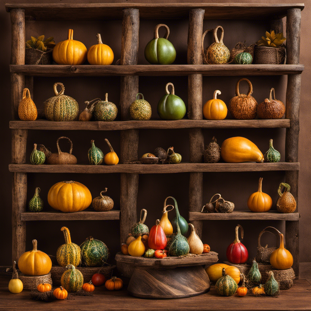 An image showcasing a rustic wooden shelf adorned with various gourds, a traditional bombilla straw, and vibrant bags of organic yerba mate, emanating an earthy aroma