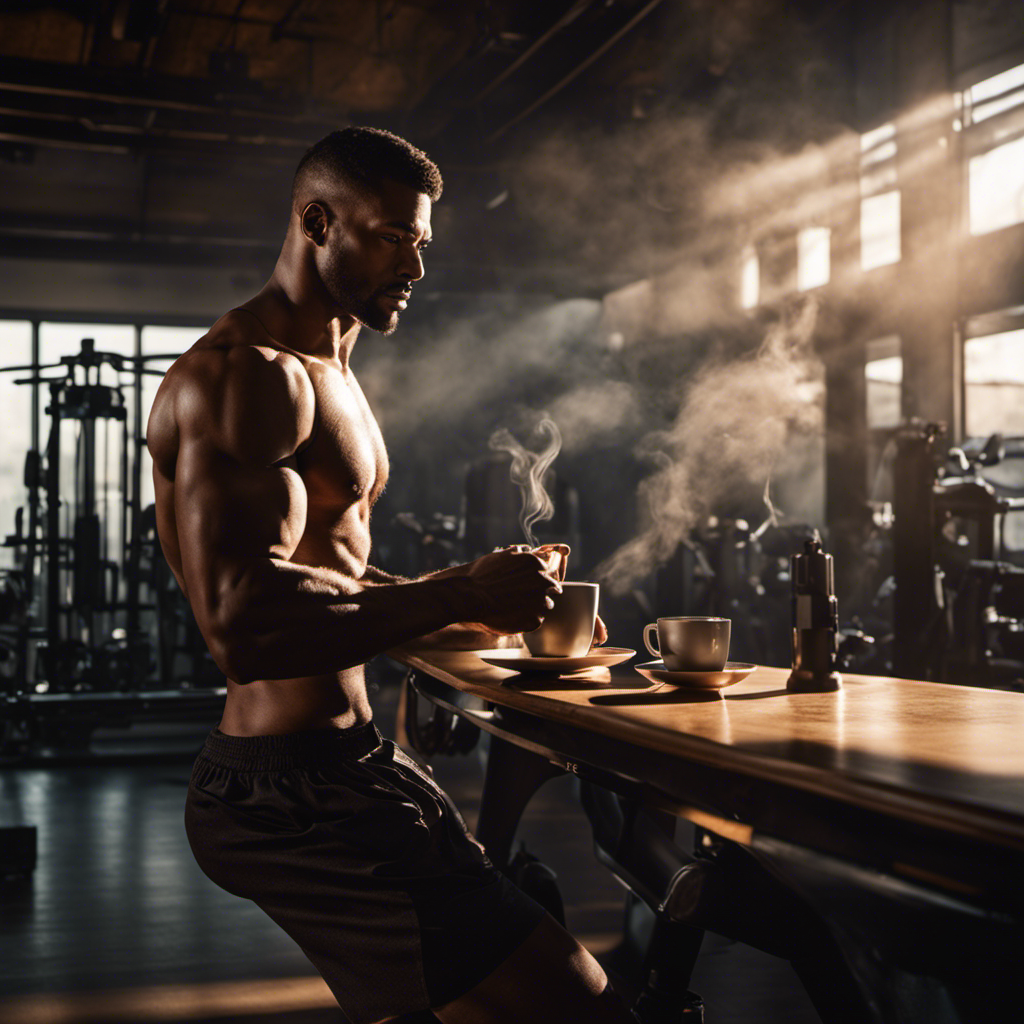 An image showcasing a man savoring a steaming cup of black coffee, surrounded by a gym setting