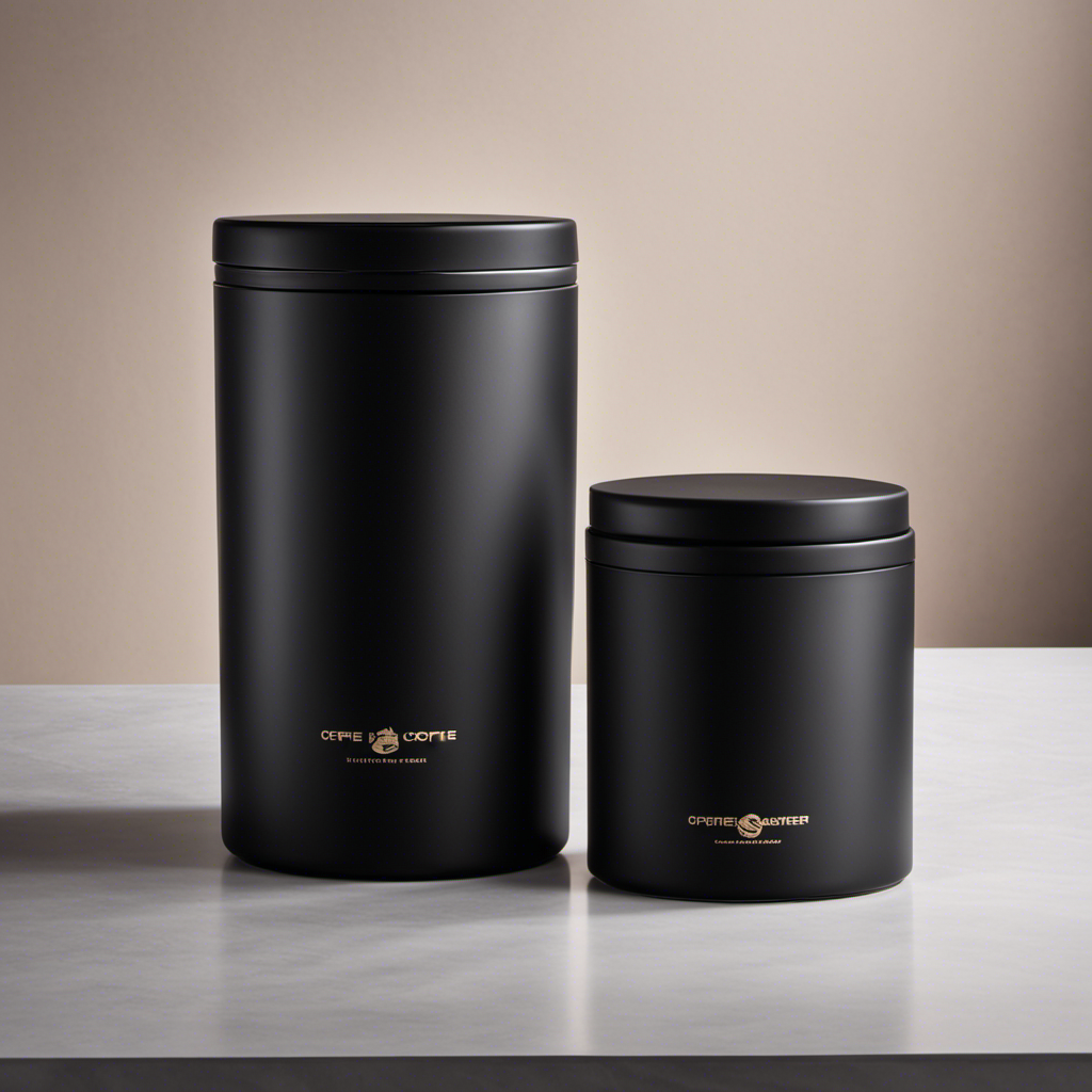 An image showcasing a sleek, matte black coffee container, snugly sealed, sitting on a sunlit countertop