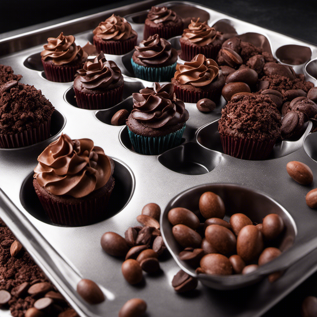 An image showing a dark, velvety smooth cupcake batter being poured into a baking tray, while vibrant raw cacao beans gradually dissolve into the mixture