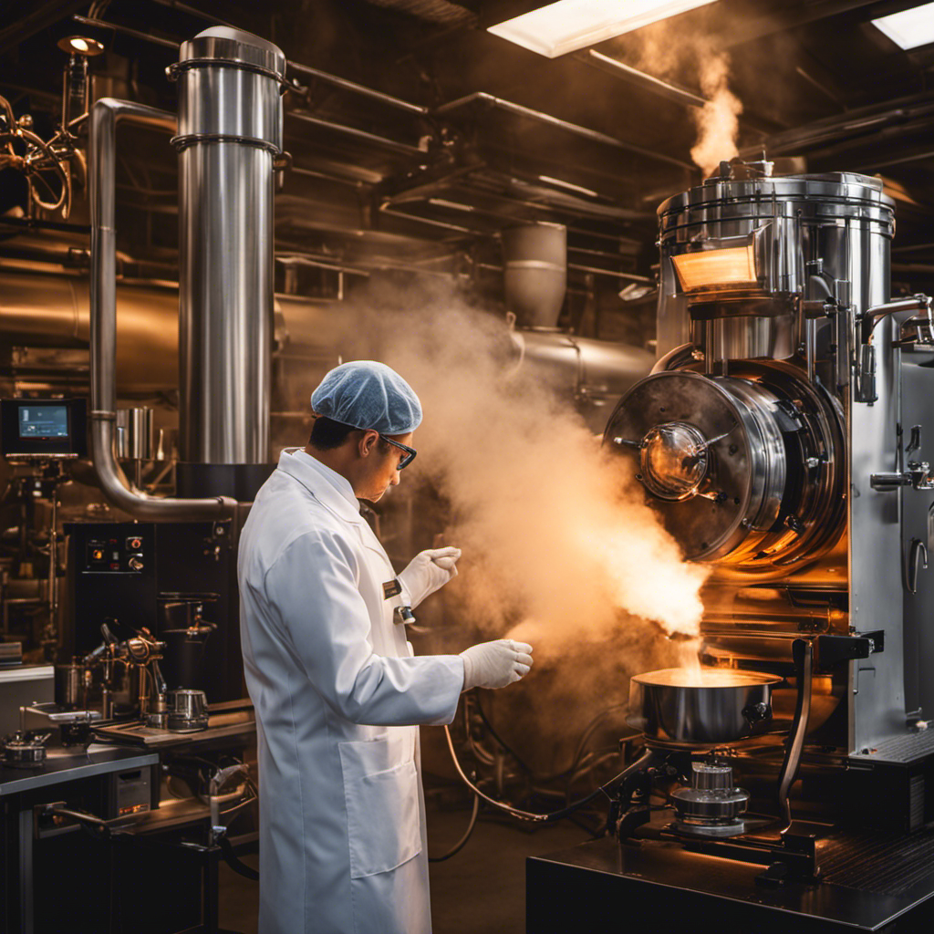 An image featuring a coffee roasting machine emitting billows of aromatic smoke, while a scientist in a lab coat stands nearby, conducting air quality tests with sophisticated equipment