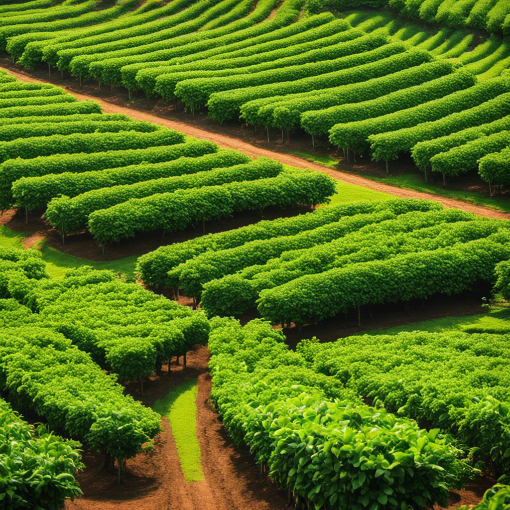 An image of a lush, sun-kissed coffee plantation with rows of meticulously cultivated Arabica plants, their vibrant green leaves gleaming in the morning light, evoking the essence of Starbucks' commitment to using high-quality Arabica beans