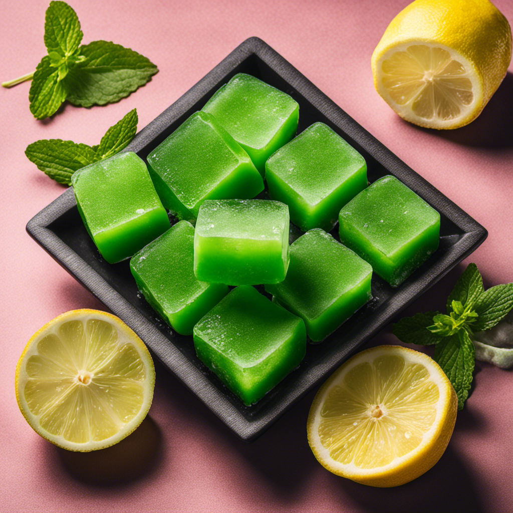 An image showcasing a glass filled with vibrant green matcha ice cubes, slowly melting into a refreshing drink, surrounded by fresh mint leaves and slices of juicy lemon, emanating a vibrant and invigorating aura