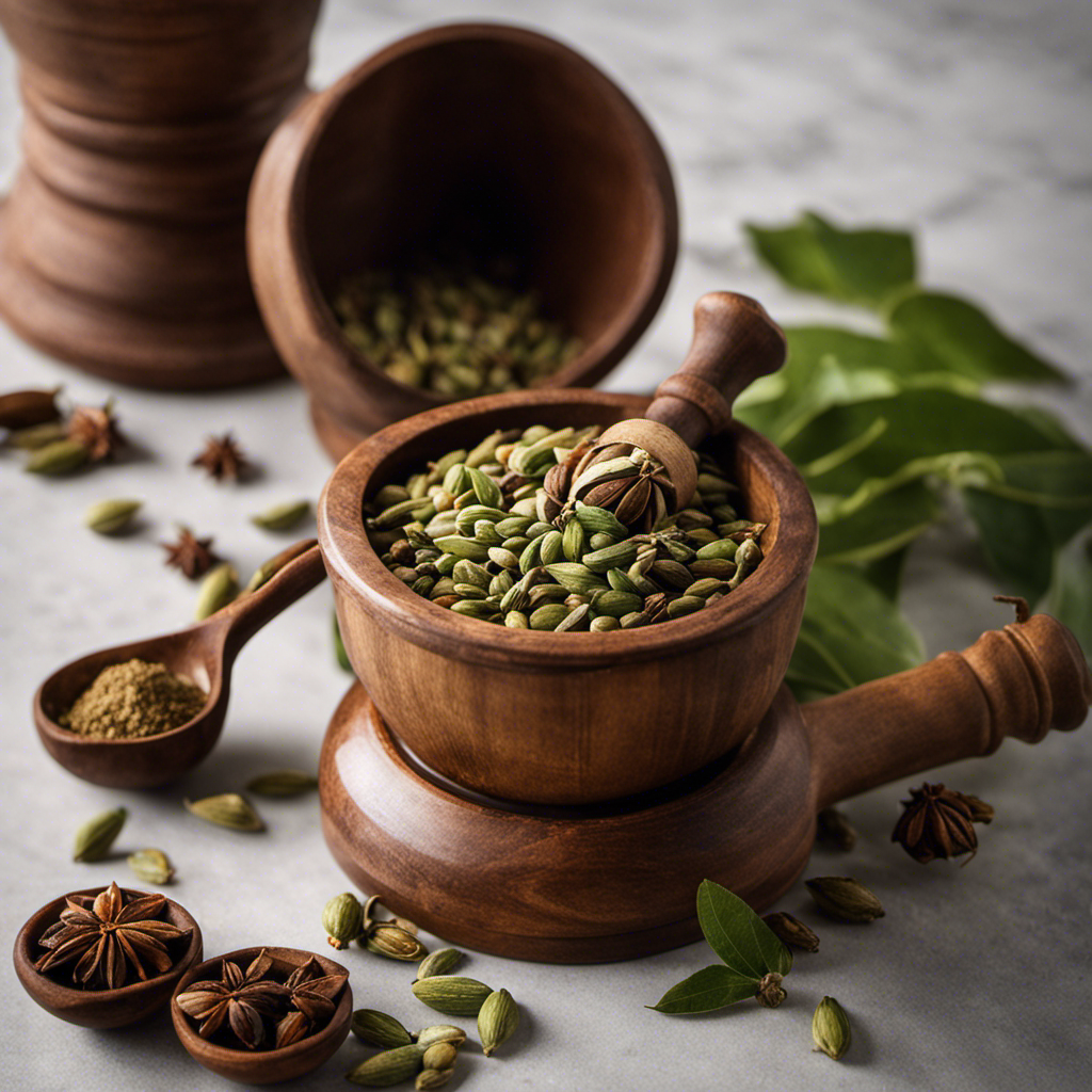 An image depicting a vintage-style mortar and pestle filled with 1 tablespoon of whole cardamom pods