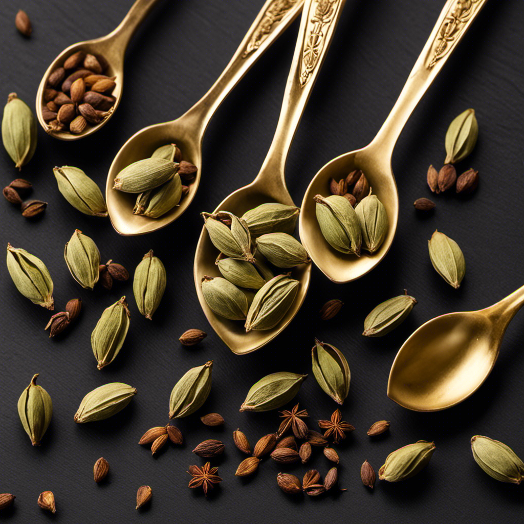 An image showcasing a tablespoon filled with whole cardamom pods, surrounded by four identical teaspoons, each containing a portion of the pods