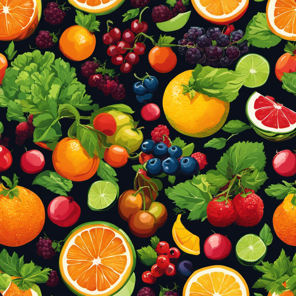An image showcasing a vibrant assortment of fruits and vegetables, bursting with colors like oranges, berries, and leafy greens