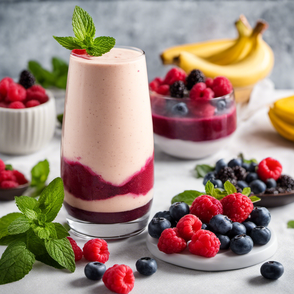 An image of a tall glass filled with a creamy French vanilla and berries smoothie, garnished with fresh raspberries, blueberries, and mint leaves