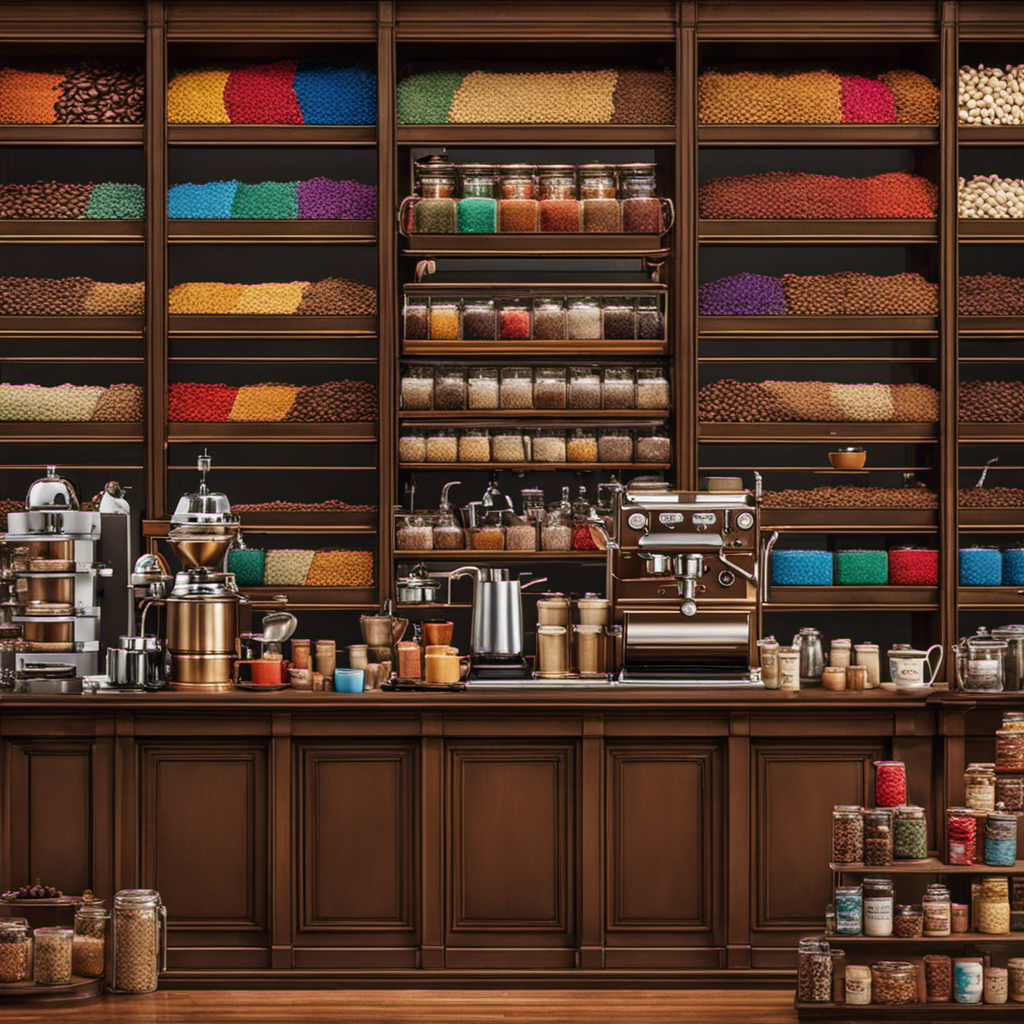 An image capturing the vibrant world of coffee variety, showcasing a barista meticulously brewing a rich espresso, surrounded by shelves lined with an array of colorful coffee beans from around the world