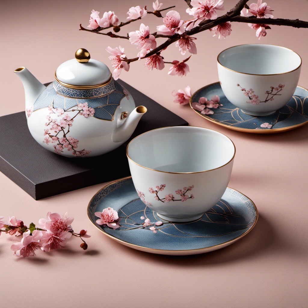 An image capturing the essence of Japanese teaware, showcasing delicate porcelain cups adorned with intricate cherry blossom motifs, a handcrafted tea set displaying elegant geometric patterns, and a traditional tea ceremony displaying graceful movements and serene ambiance