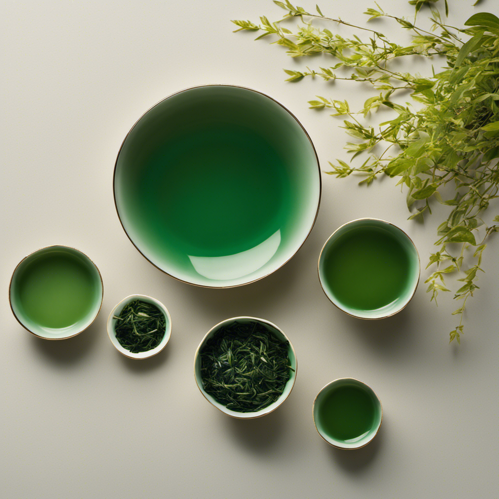 An image featuring two elegant Japanese tea bowls, one filled with vibrant emerald Tencha leaves while the other boasts delicate jade Gyokuro leaves