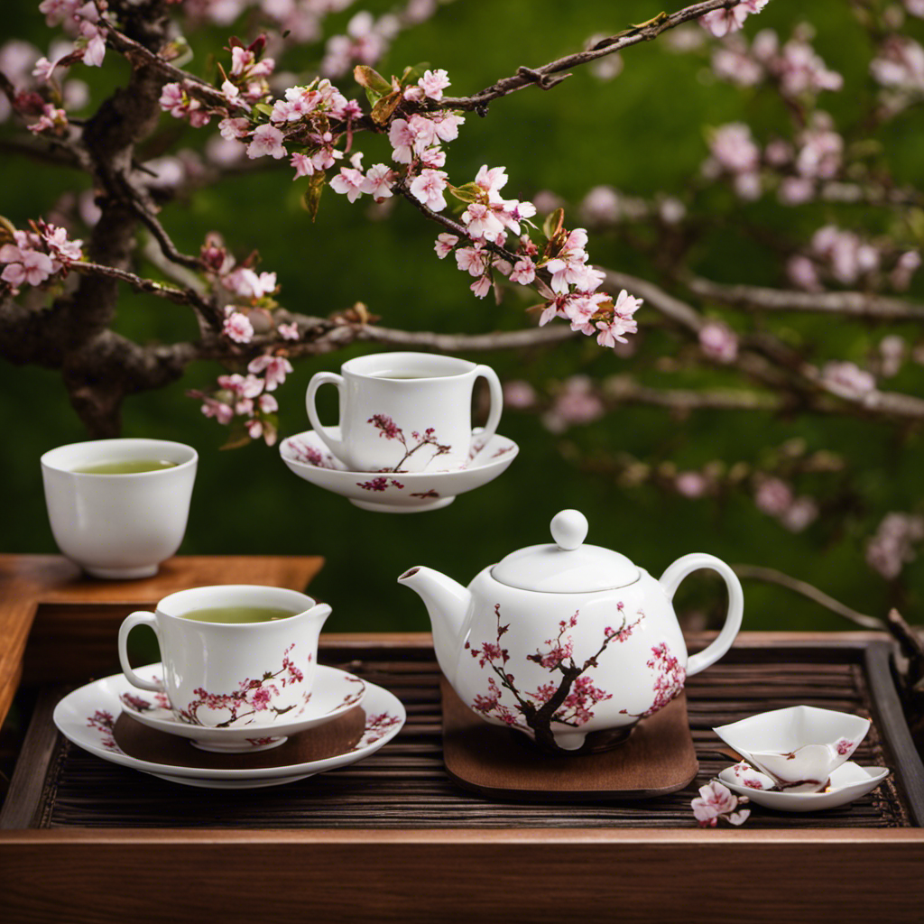 the essence of Sencha and Hojicha in a visually striking image: A porcelain tea set, adorned with delicate cherry blossoms, accompanied by a vibrant green tea leaf, contrasting against a warm, roasted twig of Hojicha