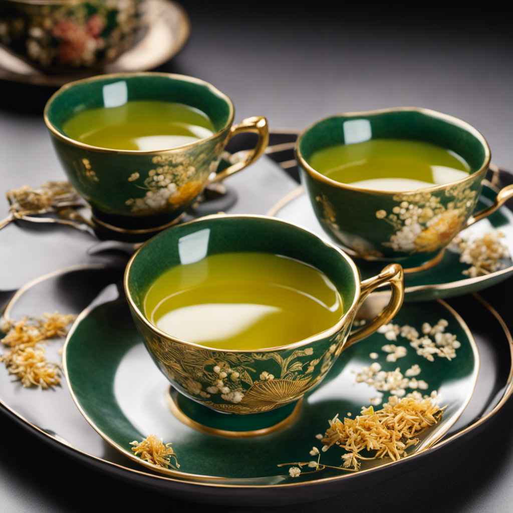 An image showcasing two beautifully crafted Japanese teacups, one filled with vibrant emerald Sencha green tea, the other with golden Genmaicha tea adorned with toasted rice grains