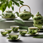 An image showcasing two elegant tea sets side by side, one adorned with vibrant green leaves symbolizing Sencha tea, and the other with delicate green tea leaves, highlighting the distinctions between the two