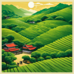 An image that captures the essence of Japanese tea origins - rolling hills of tea plantations stretching as far as the eye can see, with meticulous farmers tending to vibrant green tea leaves under the shade of traditional thatched-roof farmhouses