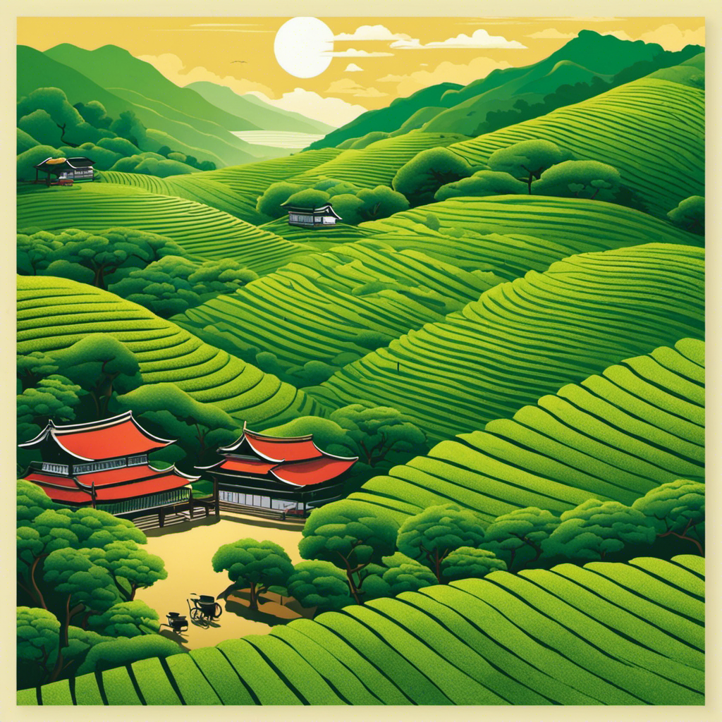 An image that captures the essence of Japanese tea origins - rolling hills of tea plantations stretching as far as the eye can see, with meticulous farmers tending to vibrant green tea leaves under the shade of traditional thatched-roof farmhouses
