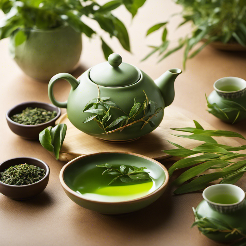 An image showcasing the intricate beauty of Japanese green tea: a delicate ceramic tea set, adorned with vibrant green leaves, steam rising from a freshly brewed cup, and sunlight filtering through a traditional bamboo tea whisk