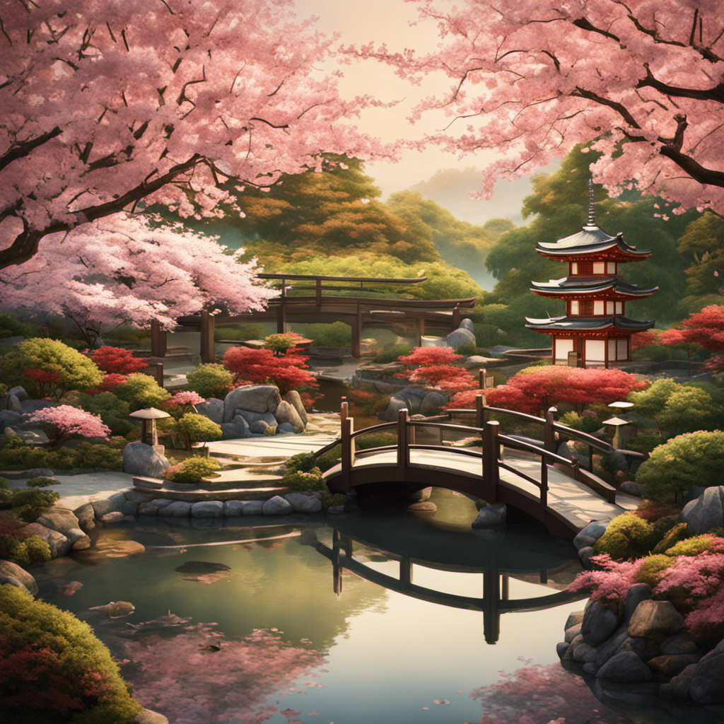 An image that showcases the intricate art of a traditional Japanese tea ceremony, with a serene Japanese garden in the background, adorned with blooming cherry blossom trees and a tranquil koi pond