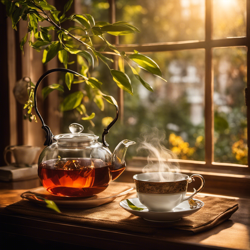 the essence of National Hot Tea Month with an image of a steaming cup of aromatic tea, accompanied by an exquisite porcelain teapot, delicate tea leaves, and a cozy teacup, all basking in the warm glow of a sunlit window