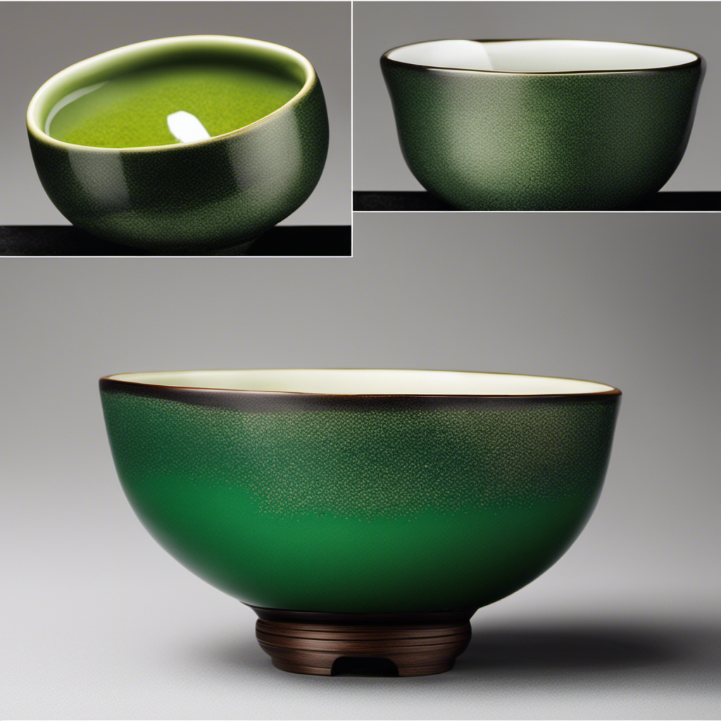An image showcasing two traditional Japanese tea bowls, one filled with vibrant emerald green Gyokuro tea - characterized by its deep umami flavor, while the other contains a frothy and vibrant Matcha tea - known for its vibrant green color and rich, smooth taste
