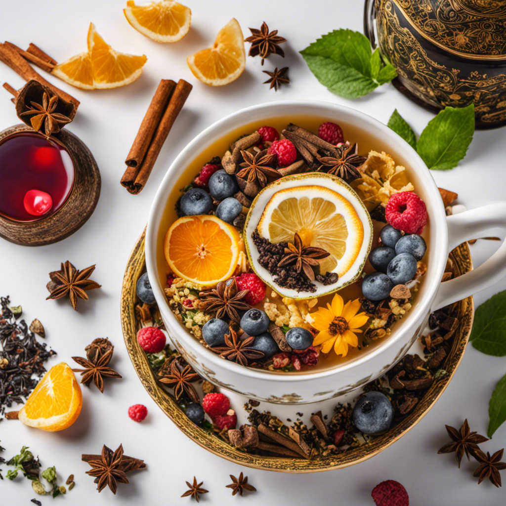An image featuring a vibrant teacup brimming with aromatic herbal tea, surrounded by an assortment of tea leaves, fruits, and spices