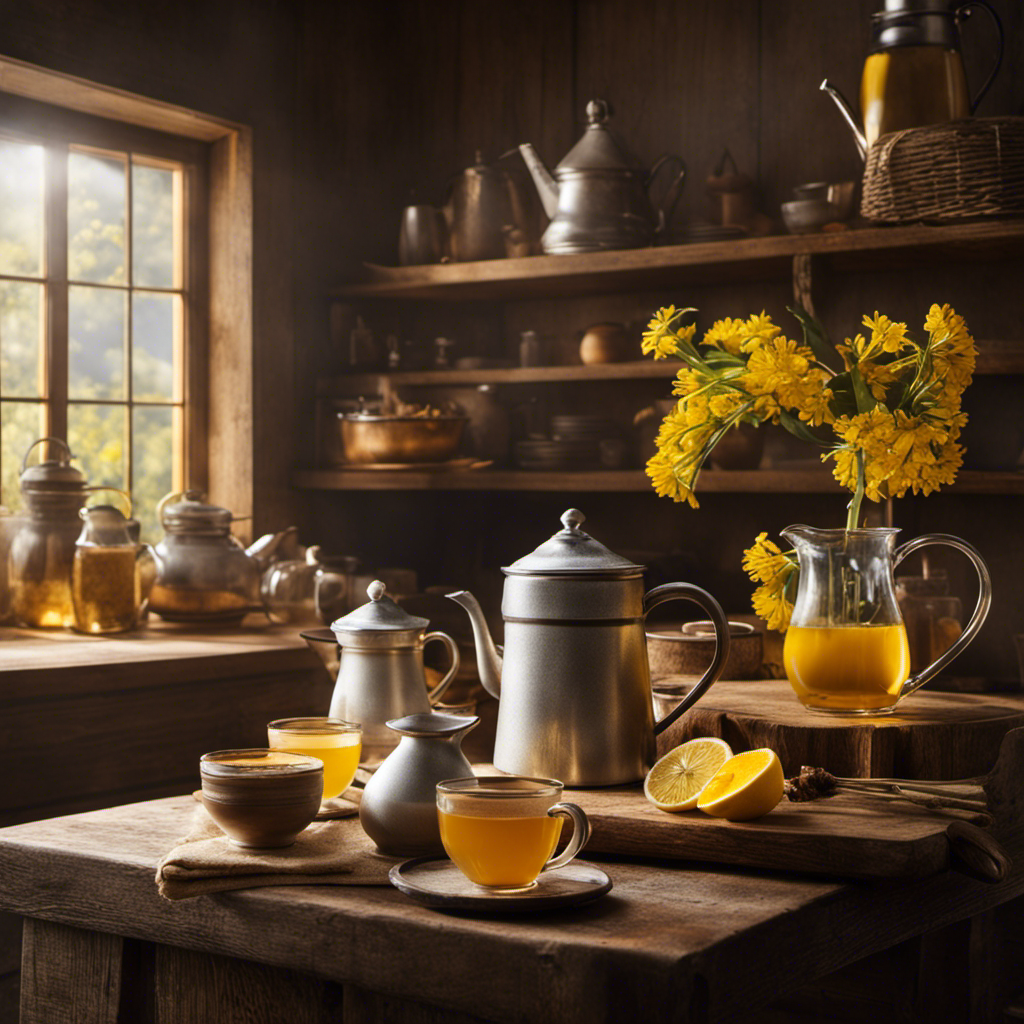 An image showcasing a serene, sunlit kitchen with a rustic wooden table adorned with a steaming cup of chicory root tea, freshly brewed