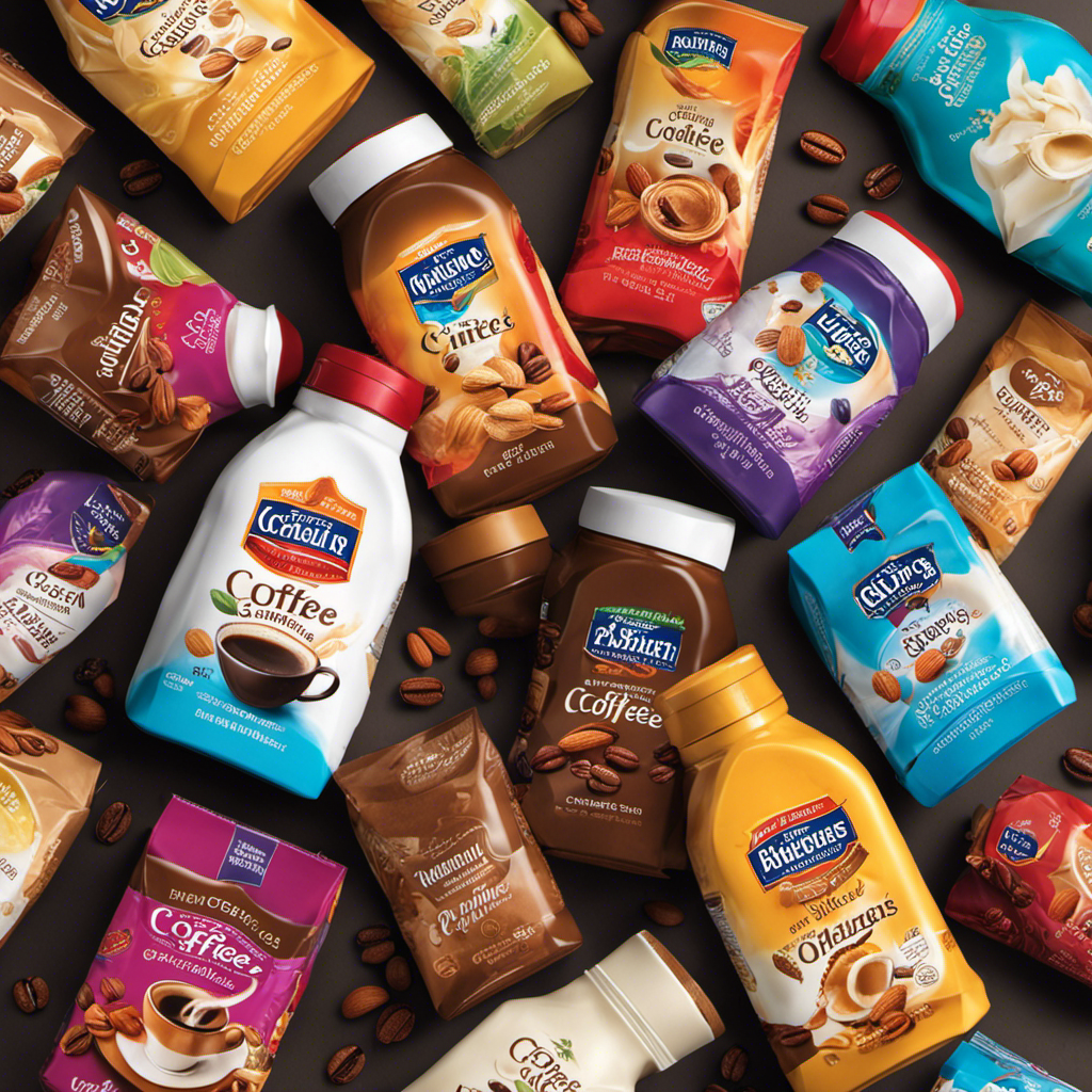 An image showcasing a variety of coffee creamer brands, with an assortment of vibrant colors and diverse packaging designs