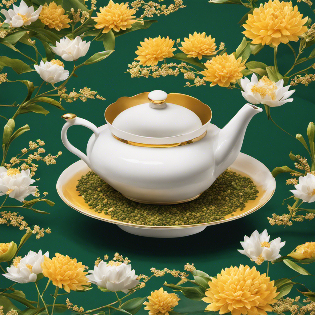 An image capturing the essence of Genmaicha Tea's evolution: a traditional Japanese teapot pouring vibrant, golden-hued tea into a delicate porcelain cup, surrounded by scattered toasted rice grains and lush green tea leaves