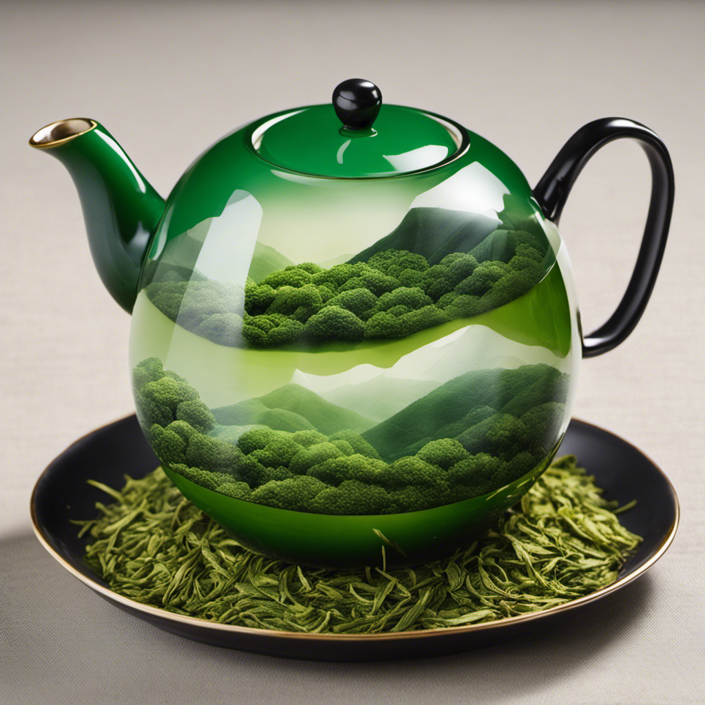 An image that showcases the vibrant emerald hue of a freshly brewed cup of Fukamushi Sencha, with delicate steam rising from the teapot, enveloped by lush green tea leaves