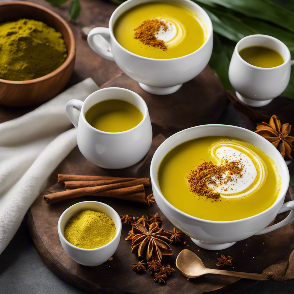 An image capturing the vibrant hues of a frothy Golden Matcha Latte, adorned with a sprinkle of antioxidant-rich turmeric, a dollop of coconut cream, and a delicate dusting of cinnamon, evoking a sense of indulgence and wellness