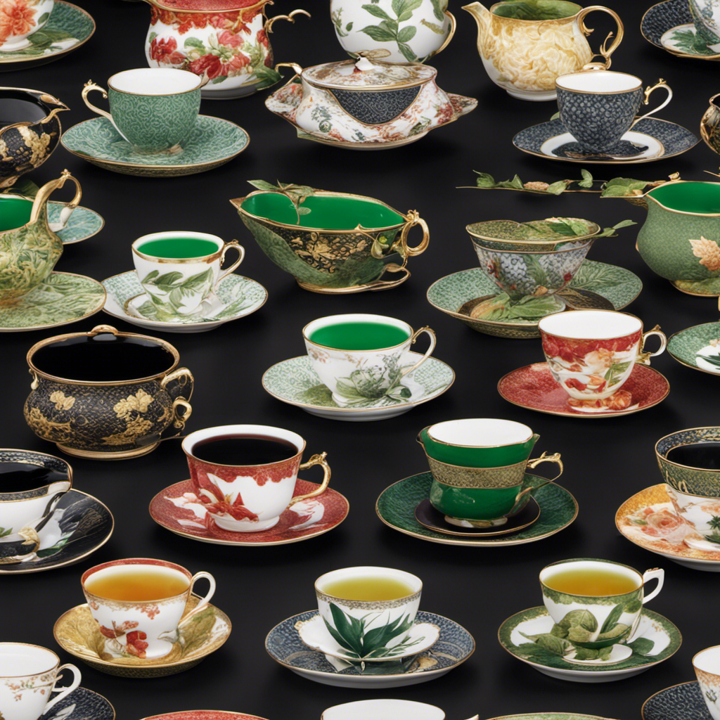 An image showcasing a vibrant assortment of green, white, oolong, and black tea leaves steeping in elegant porcelain cups, emphasizing their distinct colors, aromas, and textures