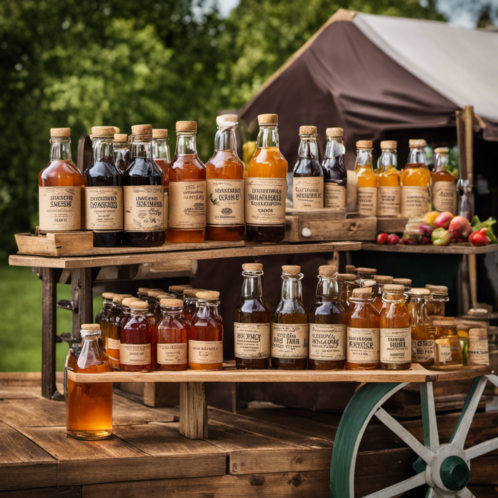 An image showcasing a vibrant farmer's market in the UK, with an assortment of freshly brewed GTS Kombucha Tea bottles beautifully displayed on a rustic wooden cart, surrounded by a bustling crowd of health-conscious individuals