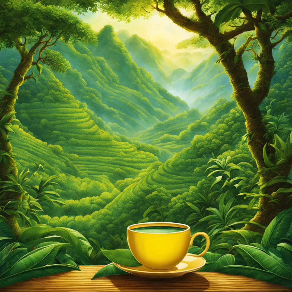 An image showcasing a steaming cup of Guayaki Yerba Mate, brimming with rich green leaves, exuding an invigorating aroma