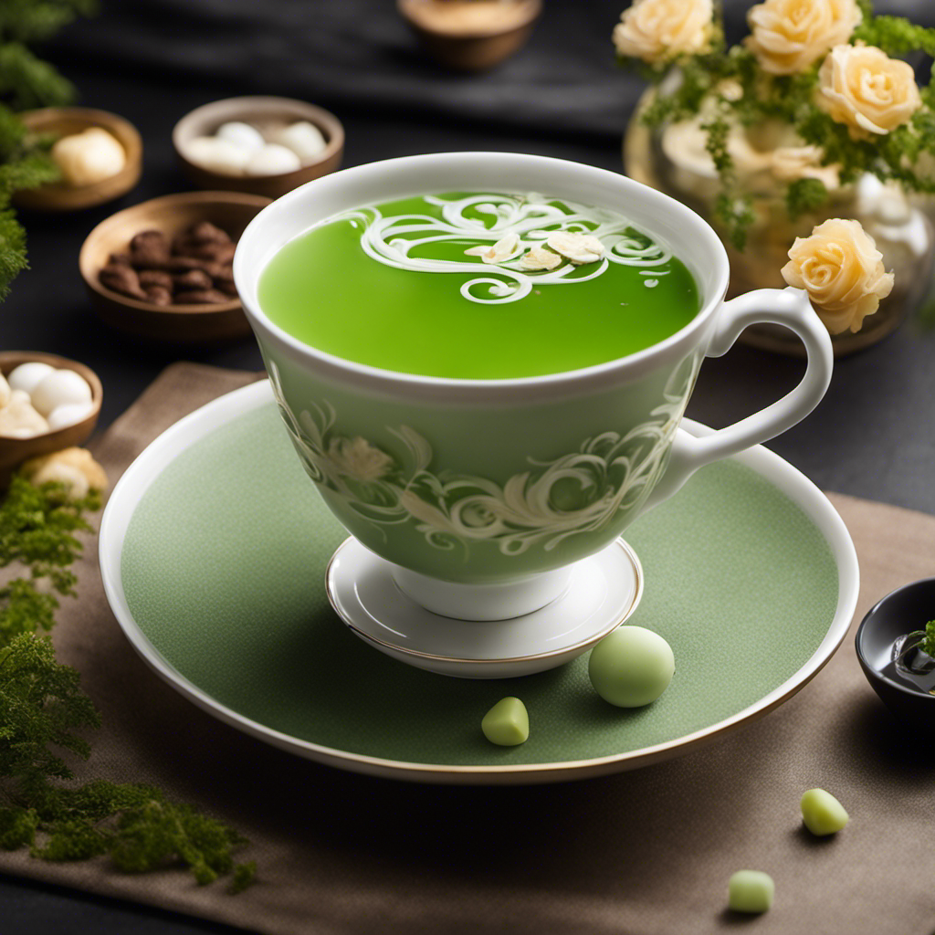 An image showcasing a delicate porcelain teacup filled with vibrant green Gyokuro milk tea, swirling tendrils of steam rising above, accompanied by a plate of exquisite Japanese sweets, adding a touch of elegance to this delightful and nutritious beverage