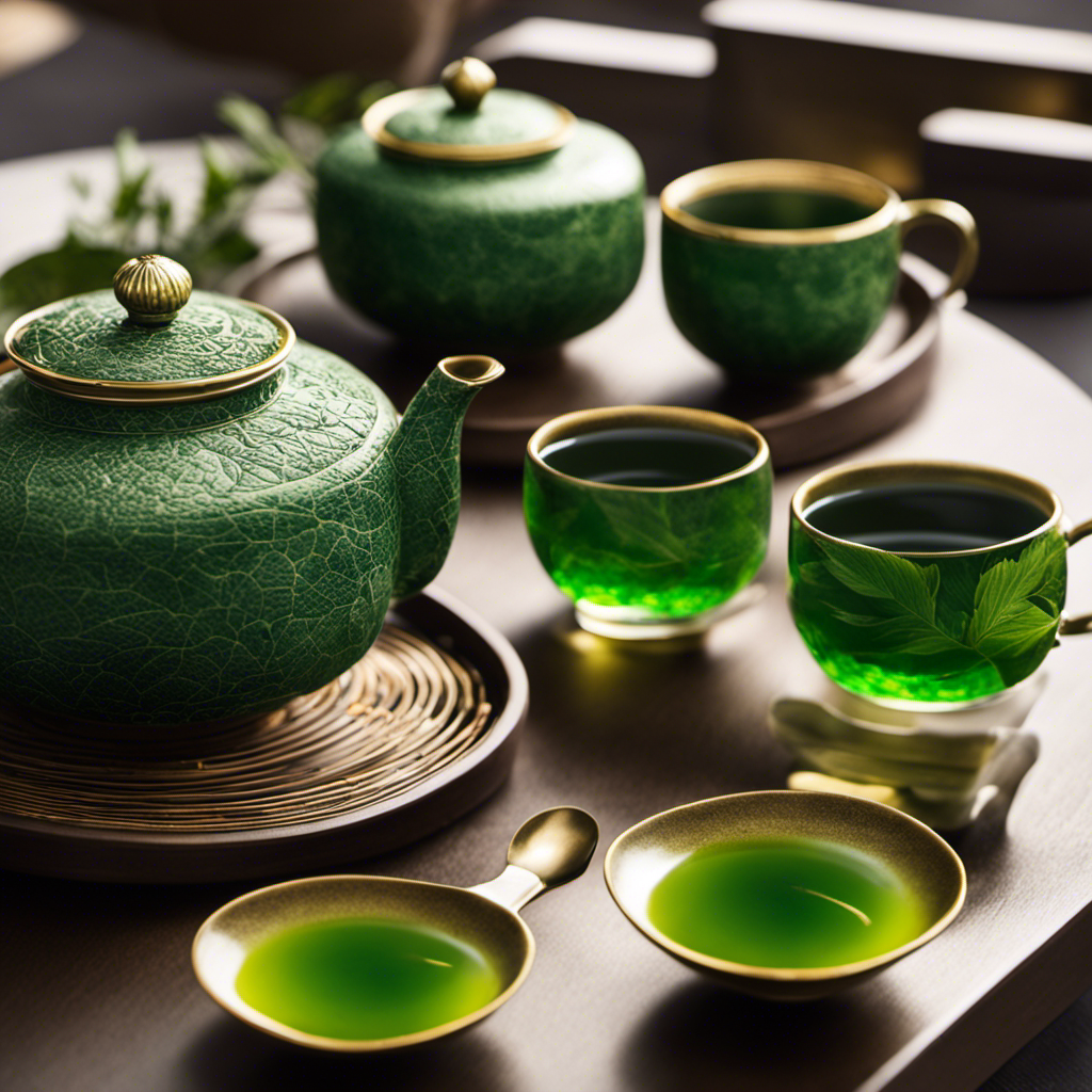 An image showcasing two elegant Japanese tea sets side by side, one filled with vibrant emerald-hued Gyokuro leaves and the other with vibrant Sencha leaves, highlighting the contrasting colors and textures of these premium green tea varieties