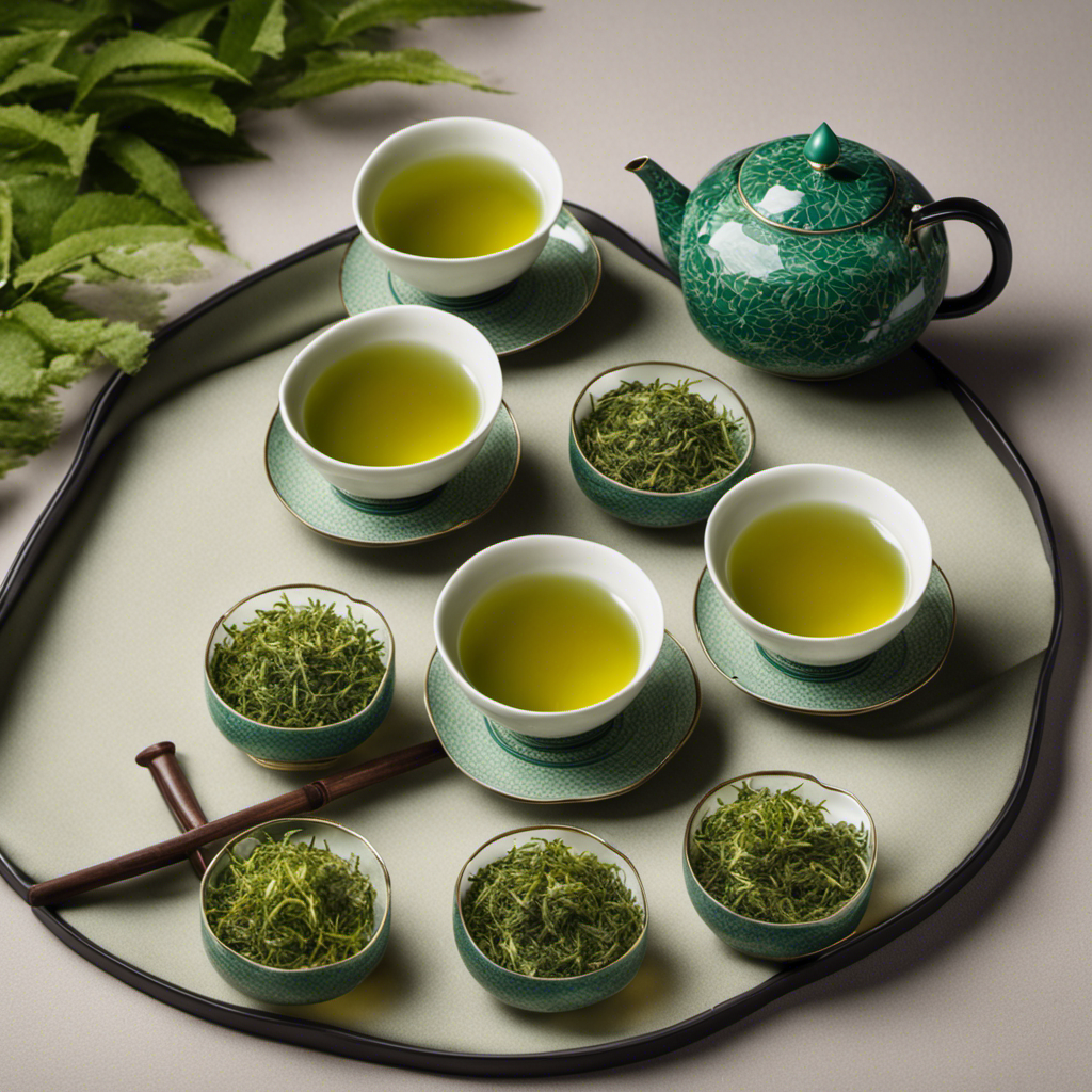 An image showcasing two elegant Japanese tea sets, one filled with vibrant emerald Gyokuro leaves and the other with delicate Sencha leaves, evoking a sense of tranquility and inviting readers to explore the health benefits of each