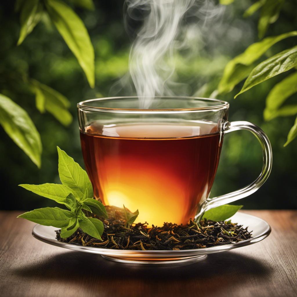 An image that showcases the serene beauty of a steaming cup of tea, surrounded by vibrant, fresh tea leaves