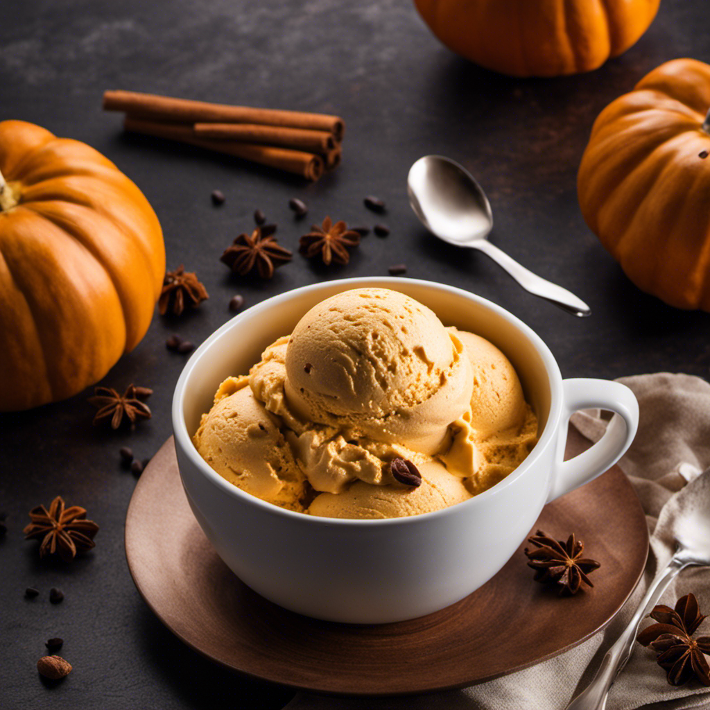 An image showcasing a luscious scoop of creamy, golden pumpkin ice cream, gently melting atop a steaming cup of rich, dark espresso