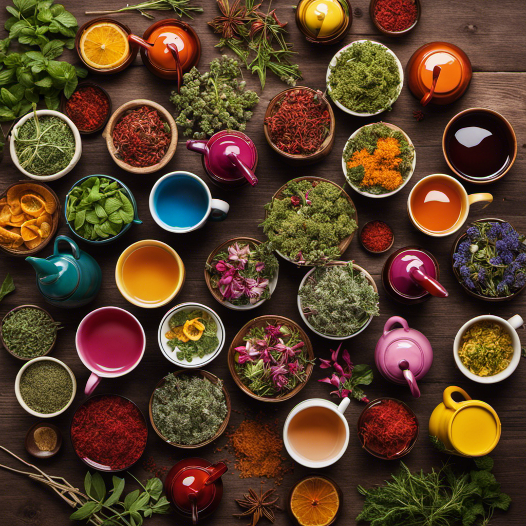 An image featuring a cozy wooden table with an assortment of vibrant herbal tea cups, overflowing with aromatic steam