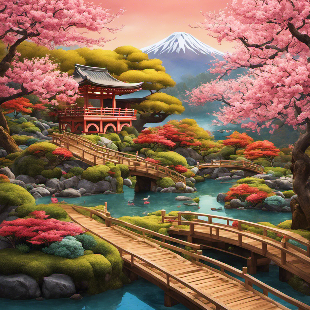 An image showcasing a vibrant, multi-layered scene: a picturesque Japanese tea garden with cherry blossoms in full bloom, surrounded by tea leaves, while Hojicha Kitkats float gracefully in the air