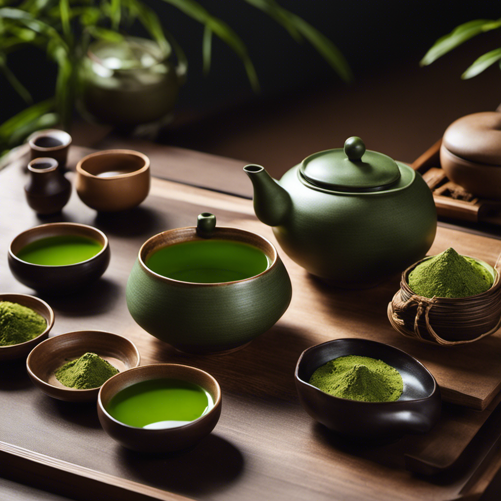 An image showcasing a serene tea ceremony scene, with a traditional Japanese tea set adorned with both vibrant green matcha and earthy brown hojicha