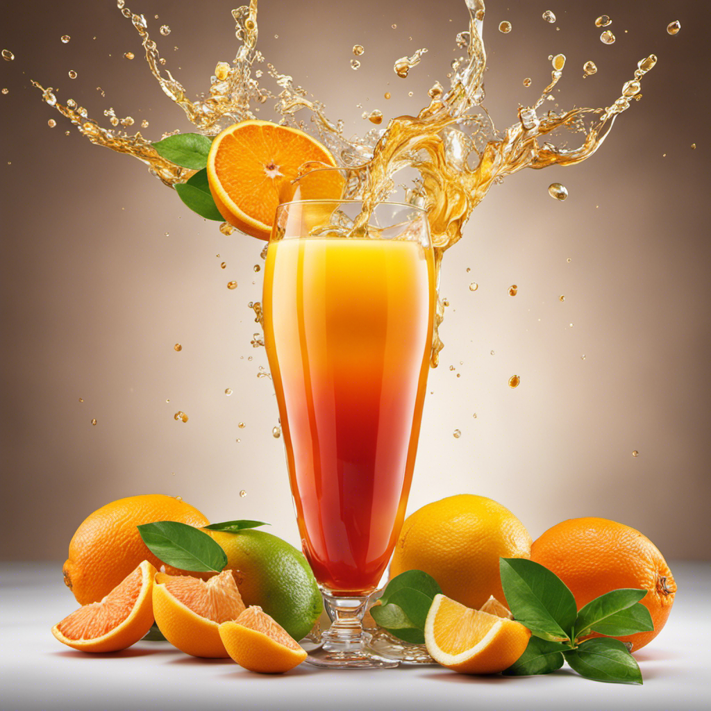 An image showcasing a glass of Postum suspended in mid-air, surrounded by a vibrant burst of vivid citrus fruits, with their juice cascading down, capturing the essence of acidity