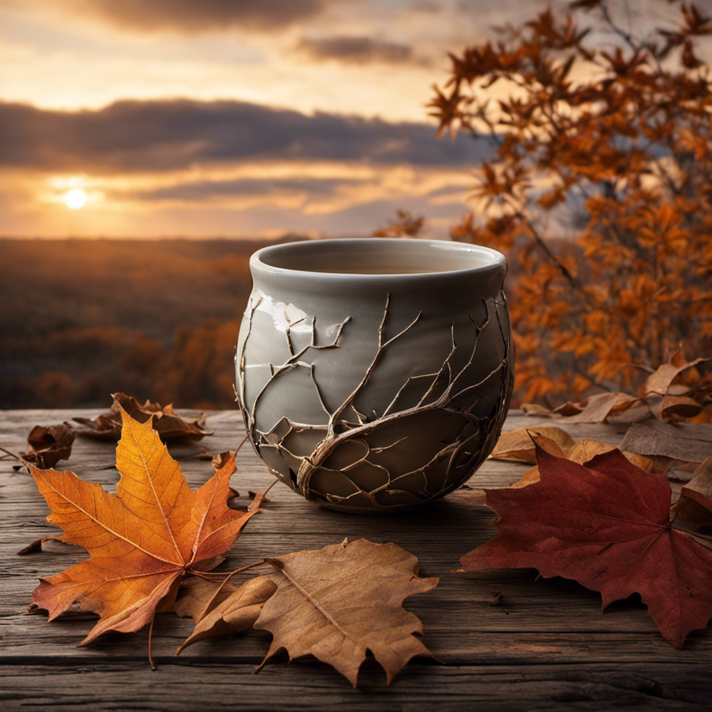 An image of a cracked porcelain cup on a weathered wooden table, surrounded by withered leaves and a fading sunset, depicting the harmful effects of Yerba Mate with a somber ambiance