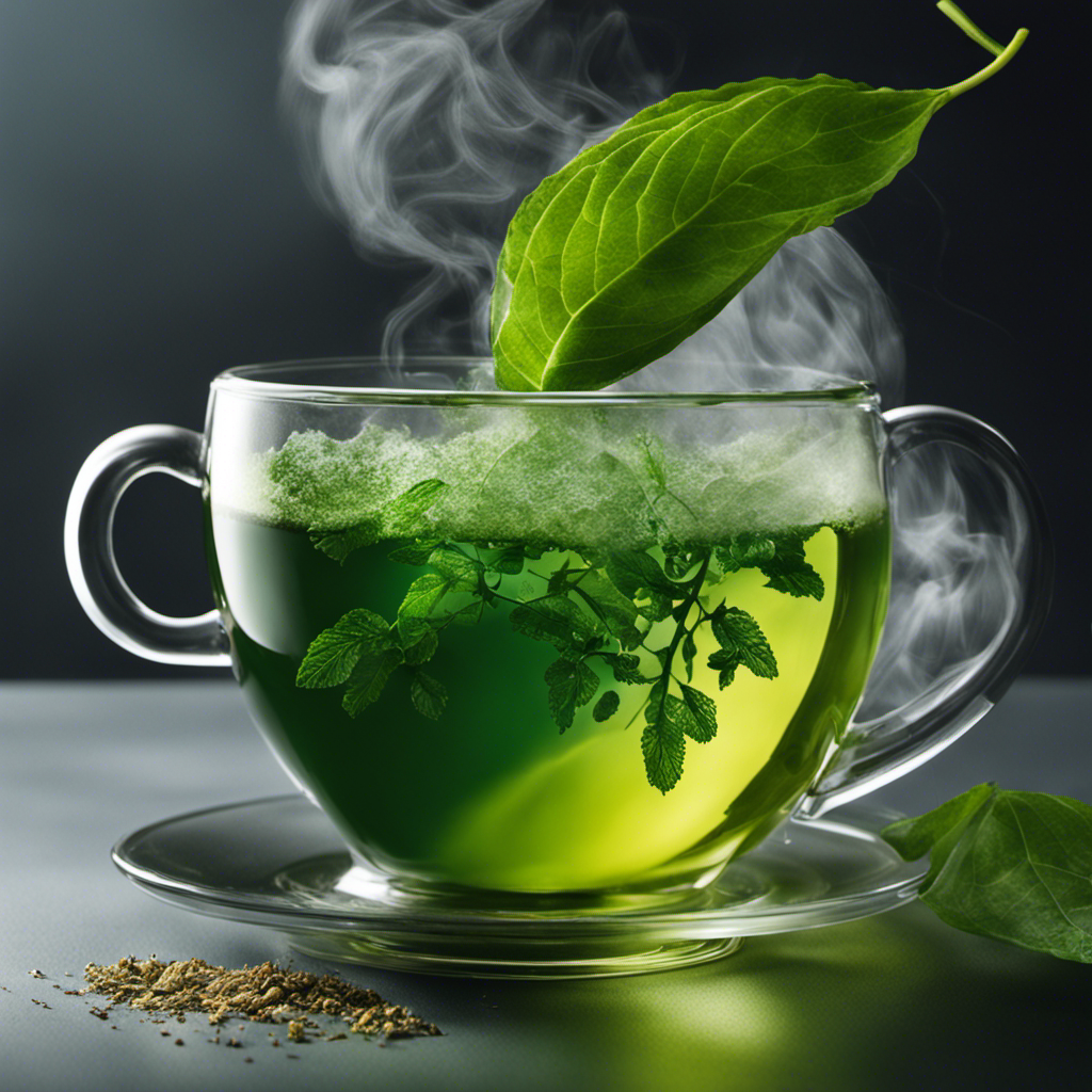 An image showcasing a vibrant green yerba mate leaf submerged in boiling water, releasing swirling wisps of steam, while a delicate glass cup awaits to be filled, evoking curiosity about the potential health effects