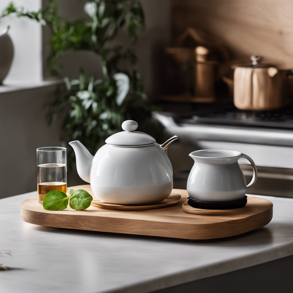 An image showcasing a serene, minimalist kitchen counter adorned with a gleaming silver kettle, delicate handcrafted ceramic teacups, a timer, and a perfectly brewed pot of Touch Organic Oolong Tea