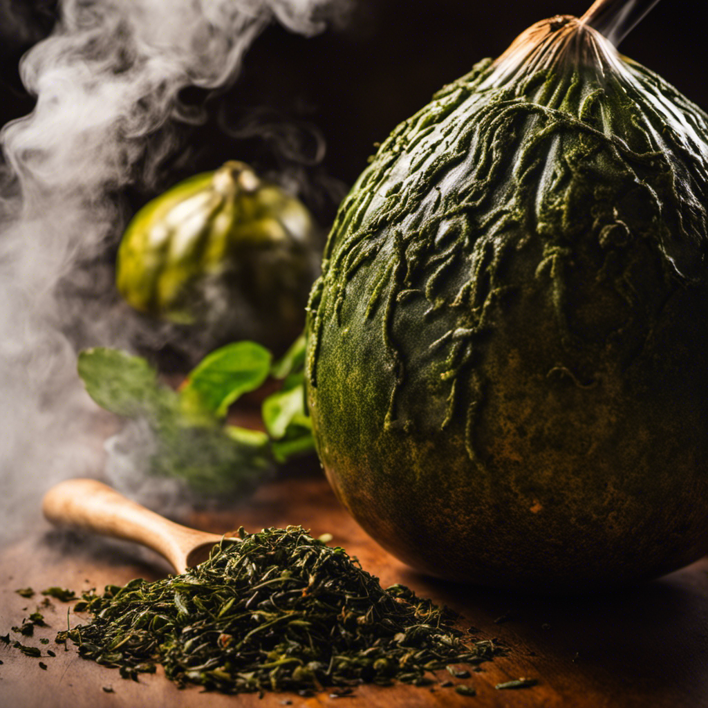 An image capturing the essence of yerba mate's bitterness: a close-up shot of a steaming gourd filled with dark green leaves, wisps of vapor swirling above, revealing the richness and intensity of this traditional South American beverage